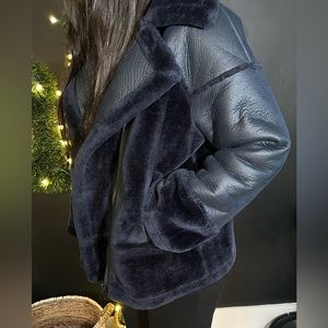 WHISTLES Navy Faux Fur Biker Jacket